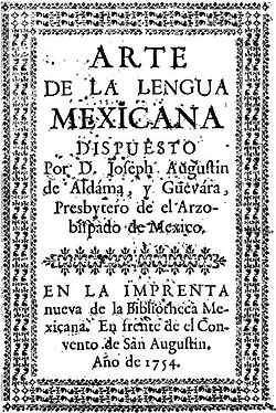 Portada histórica de una obra sobre el arte de la lengua mexicana publicada en 1754.