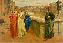 Ilustración de Henry Holiday imaginando el encuentro de Dante y Beatriz en un puente