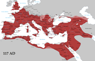 Mapa del Imperio romano en su máxima expansión en el año 117 d. C.