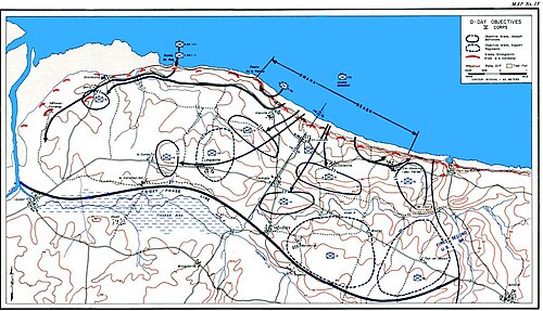 Mapa histórico oficial que muestra los objetivos del V Cuerpo para el día D