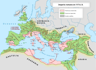 Mapa del Imperio romano en el año 117 d. C., al término del gobierno de Trajano, mostrando su máxima expansión territorial dividida en provincias imperiales, senatoriales y estados vasallos.