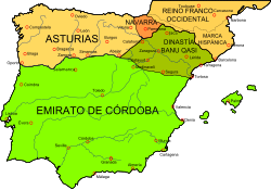 Mapa de los distintos reinos en la península ibérica sobre el año 910 d. C.