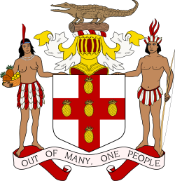 Escudo nacional de Jamaica con el cocodrilo americano.