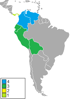 Mapa que ilustra la distribución geográfica de los países que han albergado las distintas ediciones de los Juegos Bolivarianos.