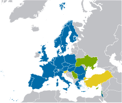Mapa del CERN en 2012 indicando los Estados miembros, candidatos y futuros candidatos.