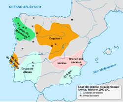 Mapa de la península ibérica durante la Edad del Bronce con rutas y grupos culturales
