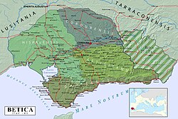 Mapa de la Provincia Bética romana entre el 27 a. C. y el 411