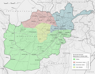 Mapa histórico de la situación en Afganistán tras 1996 mostrando los territorios controlados por los talibanes y la Alianza del Norte