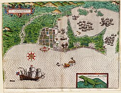Representación histórica antigua de la ciudad fortificada de Cartagena de Indias alrededor de 1550.