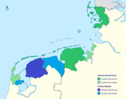 Mapa general de los territorios frisios históricos destacando la Frisia occidental en azul.