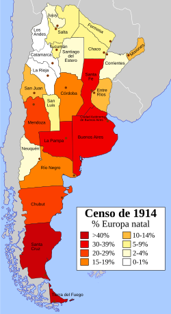 Mapa de 1914 de los inmigrantes europeos sin contar descendientes.