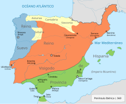 Mapa detallado de la provincia de Spania en color verde aproximadamente en el año 560.