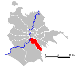 Mapa esquemático con la ubicación del Municipio Roma VIII dentro del territorio de Roma.