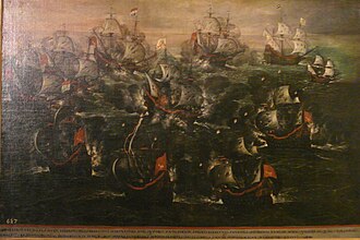 Pintura histórica que representa la Batalla de los Abrojos de Juan de la Corte conservada en el Museo Naval de Madrid