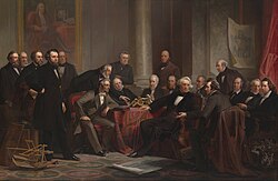 Litografía titulada Hombres de Progreso que representa a destacados inventores estadounidenses del siglo XIX