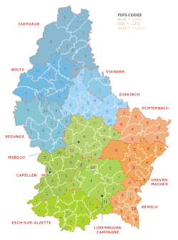 Divisiones administrativas de Luxemburgo mostrando los distritos de Diekirch, Grevenmacher y Luxemburgo.