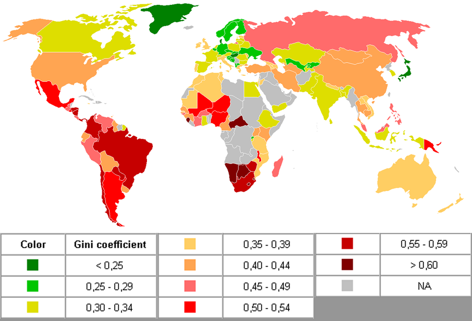 Desigualdades de ingresos entre países medidos por el coeficiente de Gini