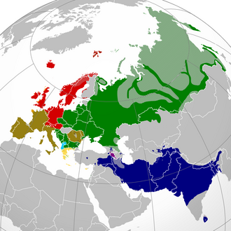 Distribución geográfica mundial de las principales ramas de las lenguas indoeuropeas en Eurasia y América.