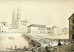 Grabado histórico que ilustra la retirada de fuerzas por el Münsterhof hacia el Limmatquai