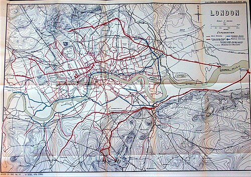Mapa de alcantarillado de Hering en Europa de 1882 (extracto) mostrando la ruta del arroyo sustituido y las alcantarillas laterales.