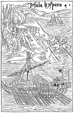 Ilustración clásica de Cristóbal Colón desembarcando en tierra firme ante los nativos.