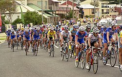 Pelotón de ciclistas rodando en grupo durante el Tour Down Under de 2004