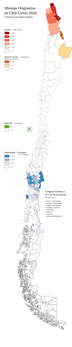 Mapa de porcentaje de hablantes de mapudungún en Chile por comuna según datos censales recientes.