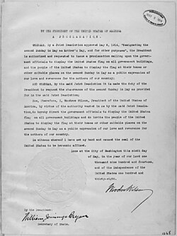 Declaración oficial del Día de las Madres del Gobierno de los Estados Unidos en 1914