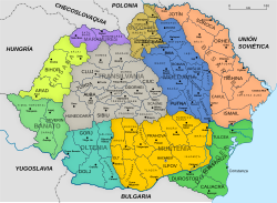 Mapa de las divisiones administrativas del Reino de Rumanía hacia 1930
