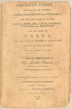 Portada de American Cookery publicado en Connecticut en 1796.