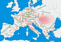 Mapa del movimiento de los pueblos húngaros en el siglo X