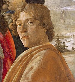Detalle de la Adoración de los Reyes Magos en la Galería Uffizi, con el supuesto autorretrato de Sandro Botticelli.