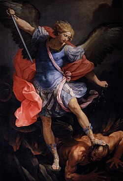 Representación clásica del arcángel Miguel venciendo a Satanás