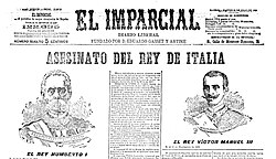 Portada de El Imparcial del 31 de julio de 1900 sobre el asesinato de Humberto I