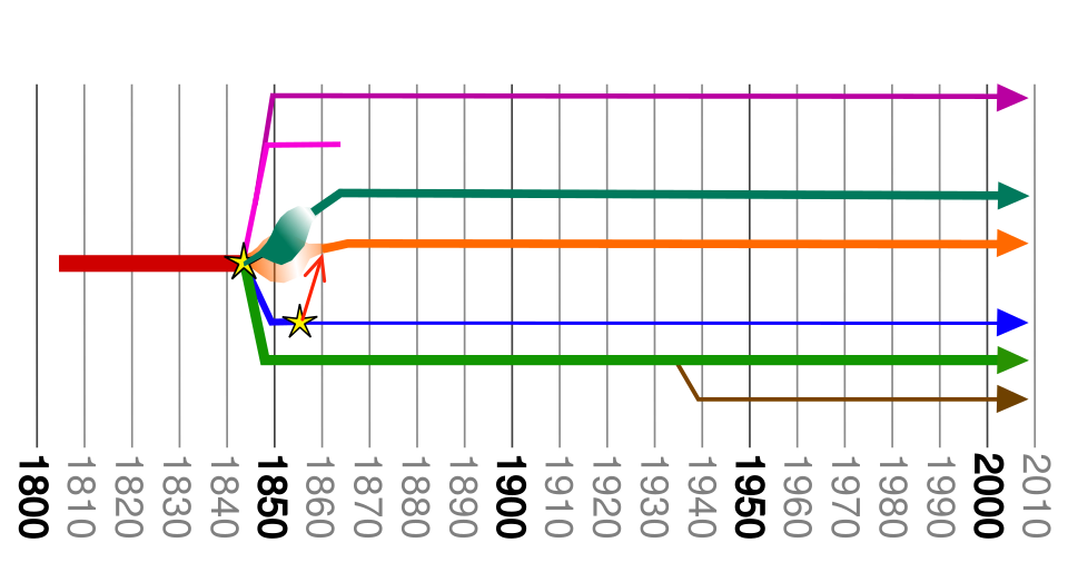 Representación gráfica de las sucesiones y divisiones históricas del movimiento.