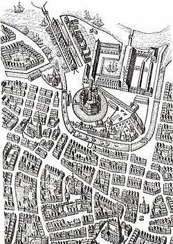 Vista de Slotsholmen en 1674 con el castillo al centro