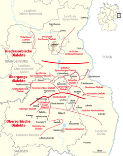 Mapa de los dialectos sorabos en Brandeburgo y Sajonia