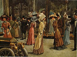 Pintura histórica de 1909 con londinenses frente a Harrods