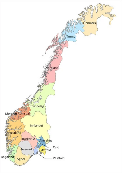 Mapa de las provincias administrativas o fylker de Noruega vigentes en 2024