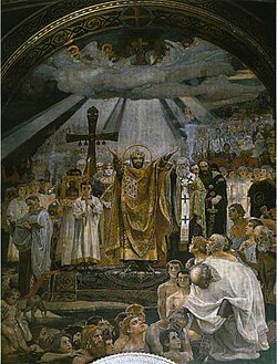 Fresco histórico que ilustra el bautismo de Kiev.