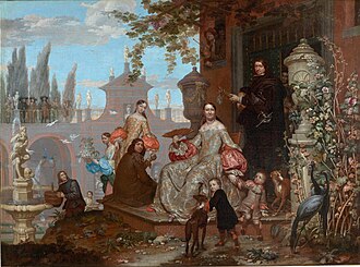 Retrato de familia de 1679 donde el pintor se autorretrata en una ventana