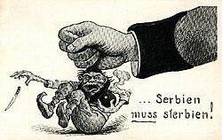 Caricatura política titulada Serbien muss sterbien! sobre el conflicto austroserbio.