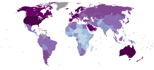 Mapa mundial de la paridad del poder adquisitivo de 2020 según el Fondo Monetario Internacional.