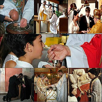 Representación de los siete sacramentos católicos: bautismo, confirmación, matrimonio, eucaristía, penitencia, orden y unción de los enfermos.
