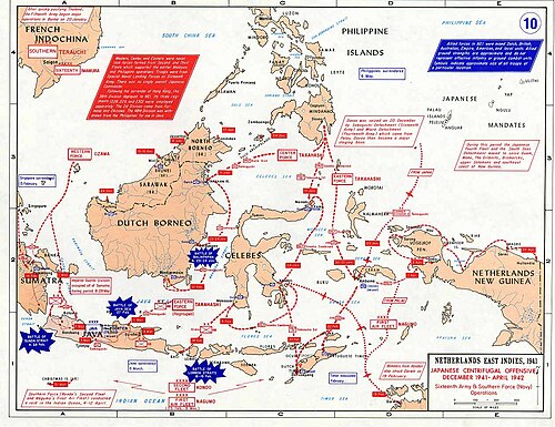 Mapa en inglés que ilustra los diferentes ejes de avance militar japonés en el sudeste asiático.