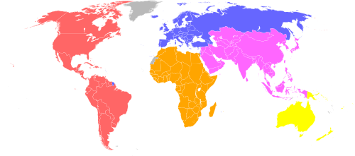 Mapa mundi con la distribución de las federaciones nacionales asociadas