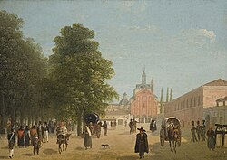Pintura al óleo de Giuseppe Canella que muestra una vista del paseo de Recoletos con el convento hacia 1820.