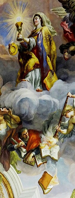 Representación de la fe católica venciendo a los herejes protestantes en un fresco