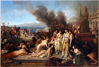 Pintura histórica que representa la escena de la batalla de Corinto en el año 146 a. C. previa al saqueo romano.