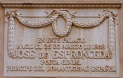 Placa conmemorativa del nacimiento de Espronceda en el Palacio de Monsalud de Almendralejo
